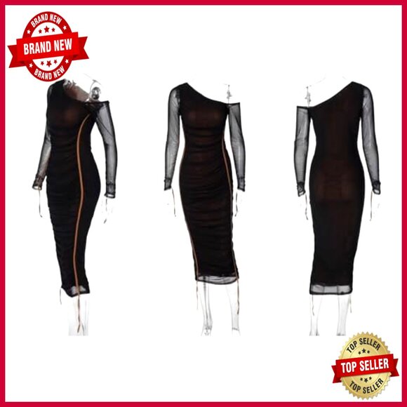 Long Sleeve Mesh Bodycon Off Shoulder Ruched Maxi Dress Cocktail Club - Picture 6 of 7